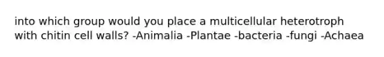 into which group would you place a multicellular heterotroph with chitin cell walls? -Animalia -Plantae -bacteria -fungi -Achaea