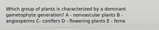 Which group of plants is characterized by a dominant gametophyte generation? A - nonvascular plants B - angiosperms C- conifers D - flowering plants E - ferns