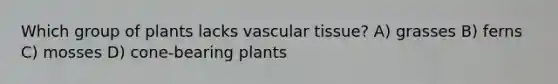 Which group of plants lacks <a href='https://www.questionai.com/knowledge/k1HVFq17mo-vascular-tissue' class='anchor-knowledge'>vascular tissue</a>? A) grasses B) ferns C) mosses D) cone-bearing plants