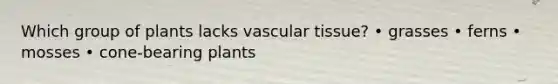 Which group of plants lacks <a href='https://www.questionai.com/knowledge/k1HVFq17mo-vascular-tissue' class='anchor-knowledge'>vascular tissue</a>? • grasses • ferns • mosses • cone-bearing plants