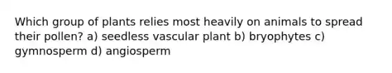 Which group of plants relies most heavily on animals to spread their pollen? a) seedless vascular plant b) bryophytes c) gymnosperm d) angiosperm