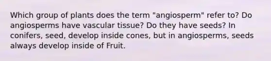 Which group of plants does the term "angiosperm" refer to? Do angiosperms have <a href='https://www.questionai.com/knowledge/k1HVFq17mo-vascular-tissue' class='anchor-knowledge'>vascular tissue</a>? Do they have seeds? In conifers, seed, develop inside cones, but in angiosperms, seeds always develop inside of Fruit.