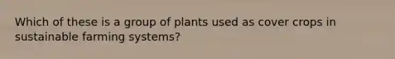 Which of these is a group of plants used as cover crops in sustainable farming systems?