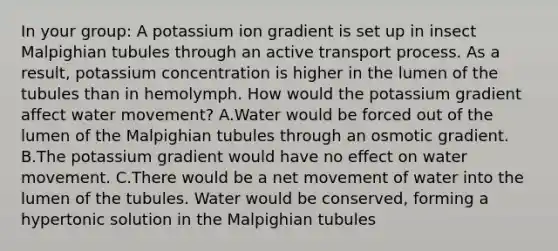 In your group: A potassium ion gradient is set up in insect Malpighian tubules through an active transport process. As a result, potassium concentration is higher in the lumen of the tubules than in hemolymph. How would the potassium gradient affect <a href='https://www.questionai.com/knowledge/kNT0ald5rb-water-movement' class='anchor-knowledge'>water movement</a>? A.Water would be forced out of the lumen of the Malpighian tubules through an osmotic gradient. B.The potassium gradient would have no effect on water movement. C.There would be a net movement of water into the lumen of the tubules. Water would be conserved, forming a hypertonic solution in the Malpighian tubules