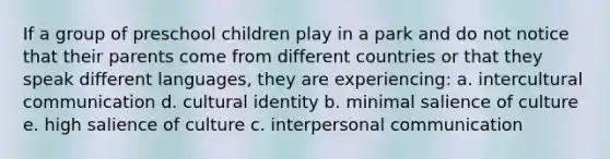 If a group of preschool children play in a park and do not notice that their parents come from different countries or that they speak different languages, they are experiencing: a. intercultural communication d. cultural identity b. minimal salience of culture e. high salience of culture c. interpersonal communication