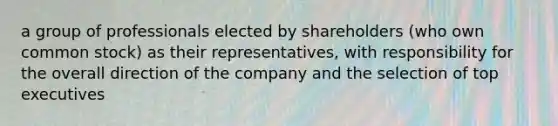 a group of professionals elected by shareholders (who own common stock) as their representatives, with responsibility for the overall direction of the company and the selection of top executives