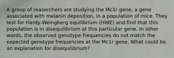 A group of reaserchers are studying the Mc1r gene, a gene associated with melanin deposition, in a population of mice. They test for Hardy-Weingberg equilibrium (HWE) and find that this population is in disequilibrium at this particular gene. In other words, the observed genotype frequencies do not match the expected genotype frequencies at the Mc1r gene. What could be an explanation for disequilibrium?