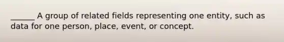 ______ A group of related fields representing one entity, such as data for one person, place, event, or concept.