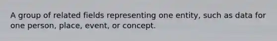 A group of related fields representing one entity, such as data for one person, place, event, or concept.