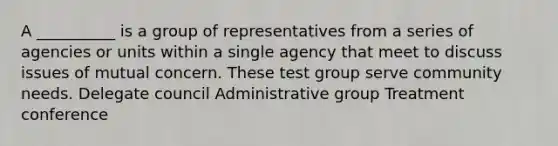 A __________ is a group of representatives from a series of agencies or units within a single agency that meet to discuss issues of mutual concern. These test group serve community needs. Delegate council Administrative group Treatment conference