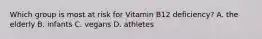 Which group is most at risk for Vitamin B12 deficiency? A. the elderly B. infants C. vegans D. athletes