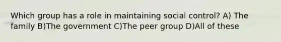 Which group has a role in maintaining social control? A) The family B)The government C)The peer group D)All of these