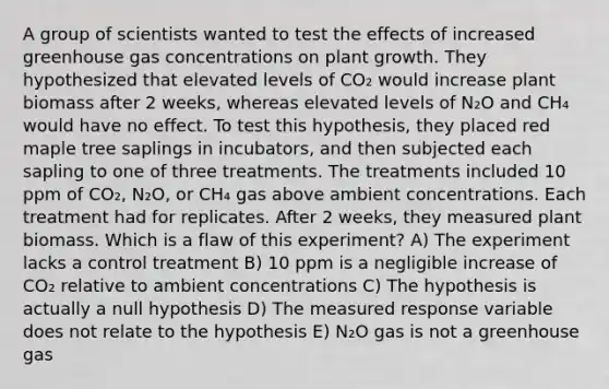 A group of scientists wanted to test the effects of increased greenhouse gas concentrations on plant growth. They hypothesized that elevated levels of CO₂ would increase plant biomass after 2 weeks, whereas elevated levels of N₂O and CH₄ would have no effect. To test this hypothesis, they placed red maple tree saplings in incubators, and then subjected each sapling to one of three treatments. The treatments included 10 ppm of CO₂, N₂O, or CH₄ gas above ambient concentrations. Each treatment had for replicates. After 2 weeks, they measured plant biomass. Which is a flaw of this experiment? A) The experiment lacks a control treatment B) 10 ppm is a negligible increase of CO₂ relative to ambient concentrations C) The hypothesis is actually a null hypothesis D) The measured response variable does not relate to the hypothesis E) N₂O gas is not a greenhouse gas