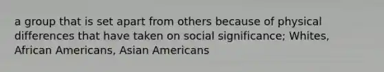 a group that is set apart from others because of physical differences that have taken on social significance; Whites, African Americans, Asian Americans