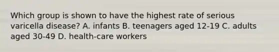 Which group is shown to have the highest rate of serious varicella disease? A. infants B. teenagers aged 12-19 C. adults aged 30-49 D. health-care workers