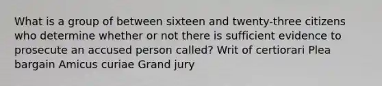 What is a group of between sixteen and twenty-three citizens who determine whether or not there is sufficient evidence to prosecute an accused person called? Writ of certiorari Plea bargain Amicus curiae Grand jury