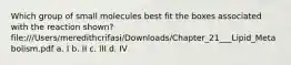 Which group of small molecules best fit the boxes associated with the reaction shown? file:///Users/meredithcrifasi/Downloads/Chapter_21___Lipid_Metabolism.pdf a. I b. II c. III d. IV