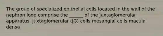 The group of specialized epithelial cells located in the wall of the nephron loop comprise the ______ of the juxtaglomerular apparatus. juxtaglomerular (JG) cells mesangial cells macula densa