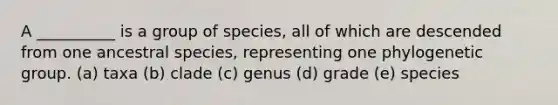 A __________ is a group of species, all of which are descended from one ancestral species, representing one phylogenetic group. (a) taxa (b) clade (c) genus (d) grade (e) species