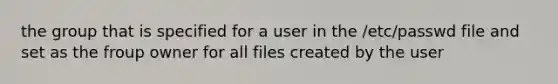 the group that is specified for a user in the /etc/passwd file and set as the froup owner for all files created by the user