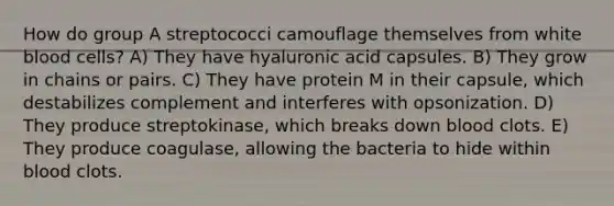 How do group A streptococci camouflage themselves from white blood cells? A) They have hyaluronic acid capsules. B) They grow in chains or pairs. C) They have protein M in their capsule, which destabilizes complement and interferes with opsonization. D) They produce streptokinase, which breaks down blood clots. E) They produce coagulase, allowing the bacteria to hide within blood clots.