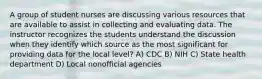 A group of student nurses are discussing various resources that are available to assist in collecting and evaluating data. The instructor recognizes the students understand the discussion when they identify which source as the most significant for providing data for the local level? A) CDC B) NIH C) State health department D) Local nonofficial agencies