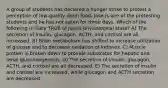 A group of students has declared a hunger strike to protest a perception of low-quality dorm food. Jose is one of the protesting students and he has not eaten for three days. Which of the following is likely TRUE of Jose's physiological state? A) The secretion of insulin, glucagon, ACTH, and cortisol are all increased. B) Brain metabolism has shifted to increase utilization of glucose and to decrease oxidation of ketones. C) Muscle protein is broken down to provide substrates for hepatic and renal gluconeogenesis. D) The secretion of insulin, glucagon, ACTH, and cortisol are all decreased. E) The secretion of insulin and cortisol are increased, while glucagon and ACTH secretion are decreased.