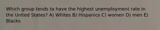 Which group tends to have the highest unemployment rate in the United States? A) Whites B) Hispanics C) women D) men E) Blacks