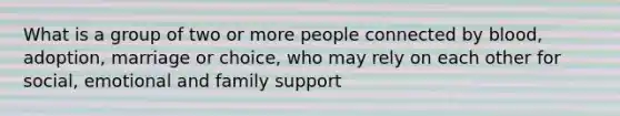 What is a group of two or more people connected by blood, adoption, marriage or choice, who may rely on each other for social, emotional and family support