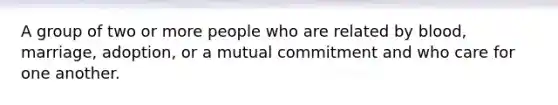 A group of two or more people who are related by blood, marriage, adoption, or a mutual commitment and who care for one another.