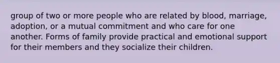 group of two or more people who are related by blood, marriage, adoption, or a mutual commitment and who care for one another. Forms of family provide practical and emotional support for their members and they socialize their children.