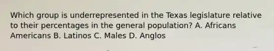 Which group is underrepresented in the Texas legislature relative to their percentages in the general population? A. Africans Americans B. Latinos C. Males D. Anglos