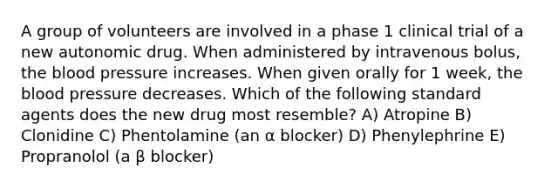 A group of volunteers are involved in a phase 1 clinical trial of a new autonomic drug. When administered by intravenous bolus, the blood pressure increases. When given orally for 1 week, the blood pressure decreases. Which of the following standard agents does the new drug most resemble? A) Atropine B) Clonidine C) Phentolamine (an α blocker) D) Phenylephrine E) Propranolol (a β blocker)