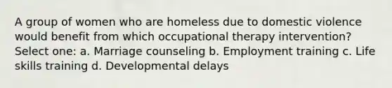 A group of women who are homeless due to domestic violence would benefit from which occupational therapy intervention? Select one: a. Marriage counseling b. Employment training c. Life skills training d. Developmental delays