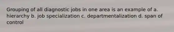 Grouping of all diagnostic jobs in one area is an example of a. hierarchy b. job specialization c. departmentalization d. span of control