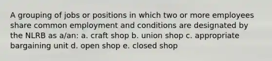 A grouping of jobs or positions in which two or more employees share common employment and conditions are designated by the NLRB as a/an: a. craft shop b. union shop c. appropriate bargaining unit d. open shop e. closed shop