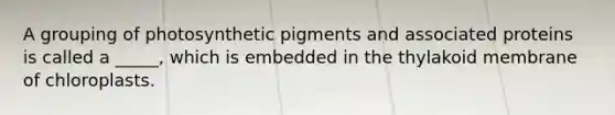 A grouping of photosynthetic pigments and associated proteins is called a _____, which is embedded in the thylakoid membrane of chloroplasts.