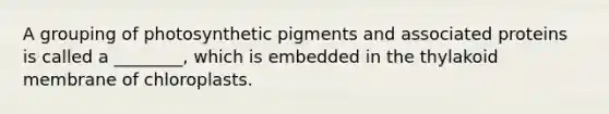 A grouping of photosynthetic pigments and associated proteins is called a ________, which is embedded in the thylakoid membrane of chloroplasts.