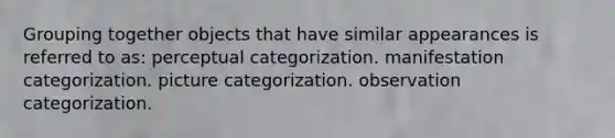 Grouping together objects that have similar appearances is referred to as: perceptual categorization. manifestation categorization. picture categorization. observation categorization.