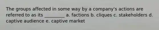 The groups affected in some way by a company's actions are referred to as its _________ a. factions b. cliques c. stakeholders d. captive audience e. captive market