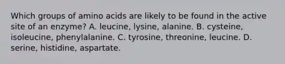 Which groups of amino acids are likely to be found in the active site of an enzyme? A. leucine, lysine, alanine. B. cysteine, isoleucine, phenylalanine. C. tyrosine, threonine, leucine. D. serine, histidine, aspartate.