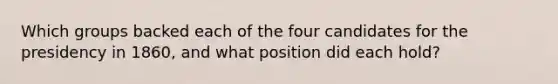 Which groups backed each of the four candidates for the presidency in 1860, and what position did each hold?