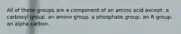 All of these groups are a component of an amino acid except: a carboxyl group. an amino group. a phosphate group. an R group. an alpha carbon.