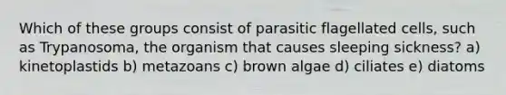 Which of these groups consist of parasitic flagellated cells, such as Trypanosoma, the organism that causes sleeping sickness? a) kinetoplastids b) metazoans c) brown algae d) ciliates e) diatoms