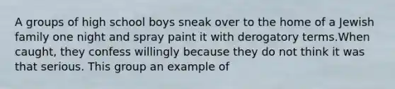 A groups of high school boys sneak over to the home of a Jewish family one night and spray paint it with derogatory terms.When caught, they confess willingly because they do not think it was that serious. This group an example of