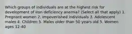 Which groups of individuals are at the highest risk for development of iron deficiency anemia? (Select all that apply) 1. Pregnant women 2. Impoverished individuals 3. Adolescent males 4. Children 5. Males older than 50 years old 5. Women ages 12-40