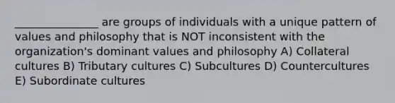 _______________ are groups of individuals with a unique pattern of values and philosophy that is NOT inconsistent with the organization's dominant values and philosophy A) Collateral cultures B) Tributary cultures C) Subcultures D) Countercultures E) Subordinate cultures