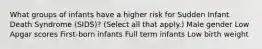 What groups of infants have a higher risk for Sudden Infant Death Syndrome (SIDS)? (Select all that apply.) Male gender Low Apgar scores First-born infants Full term infants Low birth weight