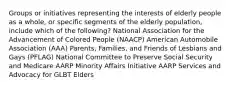 Groups or initiatives representing the interests of elderly people as a whole, or specific segments of the elderly population, include which of the following? National Association for the Advancement of Colored People (NAACP) American Automobile Association (AAA) Parents, Families, and Friends of Lesbians and Gays (PFLAG) National Committee to Preserve Social Security and Medicare AARP Minority Affairs Initiative AARP Services and Advocacy for GLBT Elders