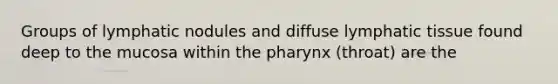 Groups of lymphatic nodules and diffuse lymphatic tissue found deep to the mucosa within <a href='https://www.questionai.com/knowledge/ktW97n6hGJ-the-pharynx' class='anchor-knowledge'>the pharynx</a> (throat) are the